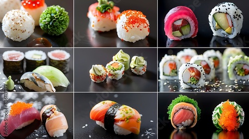 Showcase various types of sushi with close-up images, including temari sushi, where sushi is formed into small, colorful balls. Focus on the aesthetic appeal and intricate design