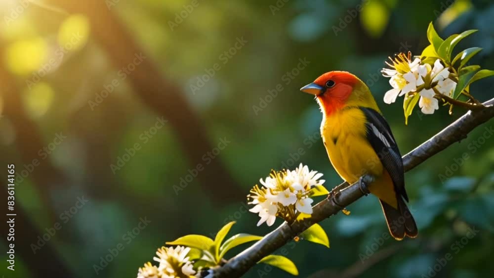a bird perched on a tree branch in the middle of a lush forest. The morning sunlight penetrated the leaves, illuminating the bird's feathers with golden light. it depicts the beauty and elegance of a bird perched on a tree branch in the middle of a lush forest. The morning sunlight penetrated the leaves, illuminating the bird's feathers with golden light. it depicts the beauty and elegance of