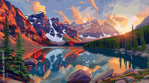vector illustration, moraine lake in summer, canada, during sunrise. Must-see touristic spot in nature in Banff National Park, Alberta, Canada. Wonderful nature scenery during early morning. Wonderful