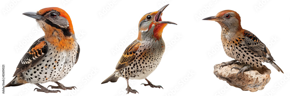 Three detailed images of a andean flicker bird with spotted feathers and vibrant colors Three detailed images of a andean flicker bird with spotted feathers and vibrant colors