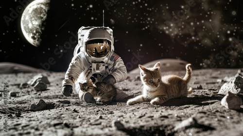 Cats on the Moon - Illustration of an Astronaut Hanging Out with Cats on the Surface of the Moon