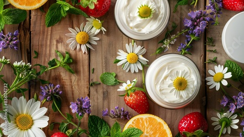 Organic creams and lotions surrounded by fresh fruits  herbs  and flowers. Generative AI
