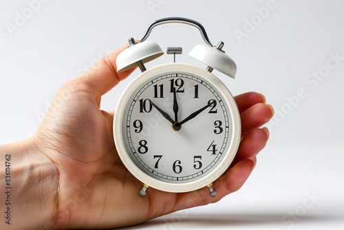 Hand Holding a Vintage Alarm Clock on white background