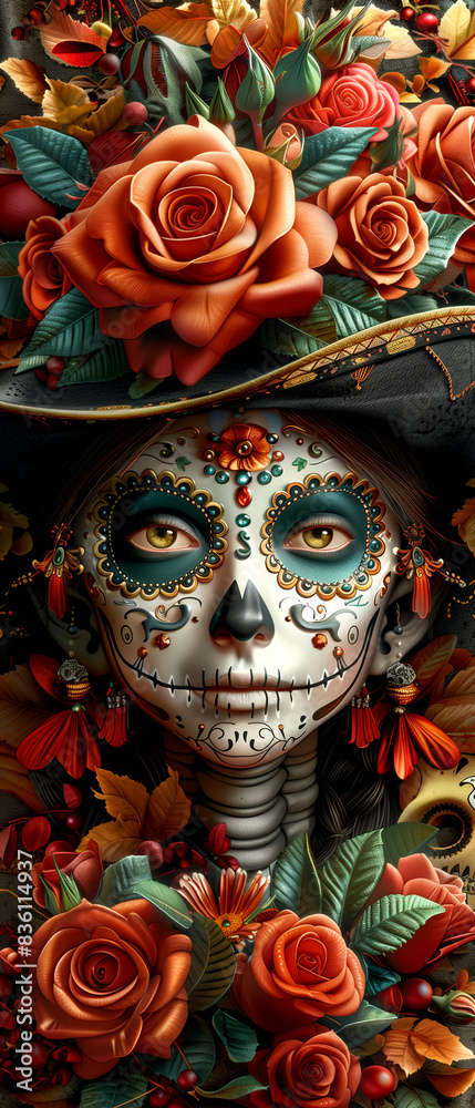A woman with a skeleton face and a flowery hat. The hat is black and has a gold trim. The woman is surrounded by flowers and leaves