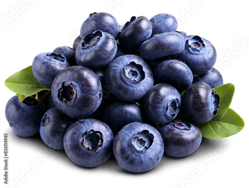 A heap of ripe blueberries with vibrant green leaves isolated, suitable for transparent, png, white background