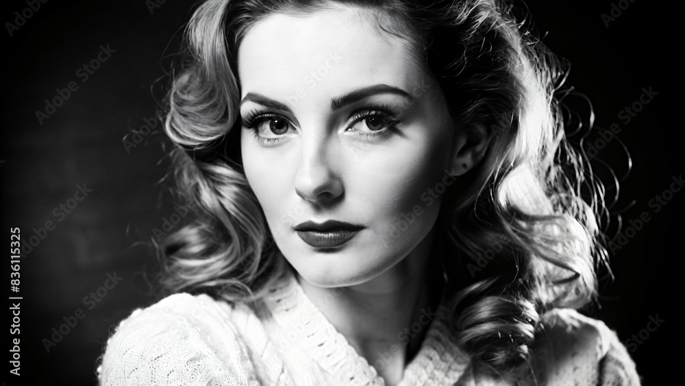 Fototapeta premium Close-up portrait of a brunette model with long, styled hair and dramatic makeup in a glamorous studio setting