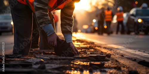 Early morning road maintenance due to potholes causing road disrepair issues. Concept Road Maintenance, Potholes, Disrepair Issues, Early Morning Work © Anastasiia