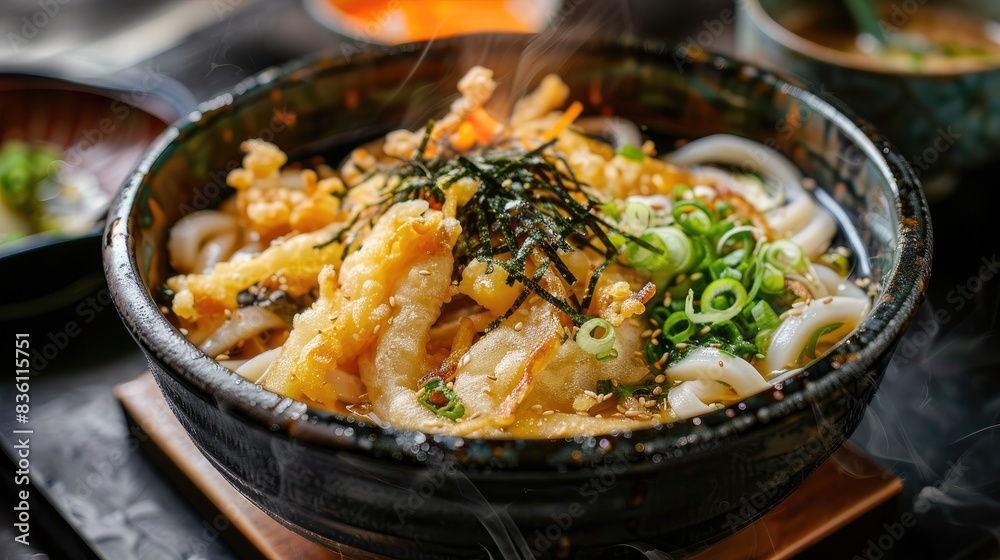 A detailed shot of a piping hot bowl of udon noodles with tempura and scallions A detailed shot of a piping hot bowl of udon noodles with tempura and scallions