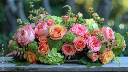 Beautiful celebratory arrangement of pink roses and charming peach roses with a green and yellow edge