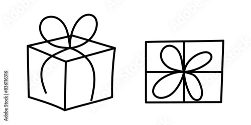 Vector illustration of hand drawn gift box top and front view doodle on transparent background
