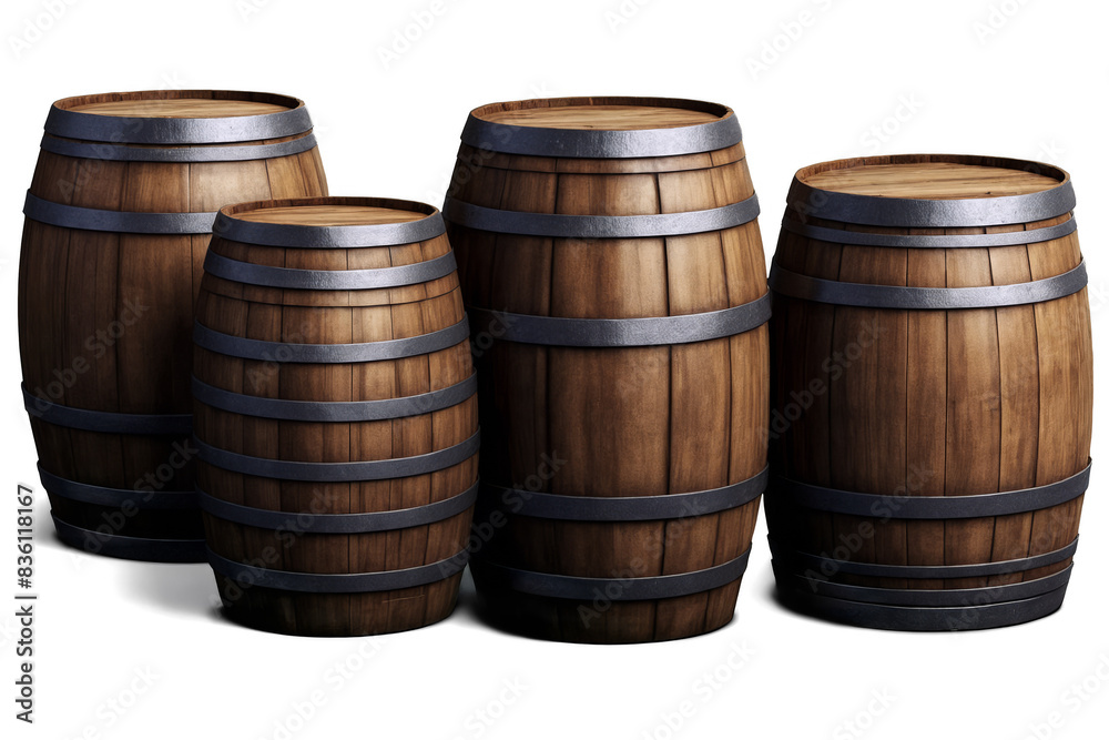A set of classic wooden barrels isolated on a transparent, white background, ideal for png, representation A set of classic wooden barrels isolated on a transparent, white background, ideal for png, representation