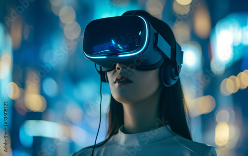 Woman Exploring Virtual Reality in Neon City