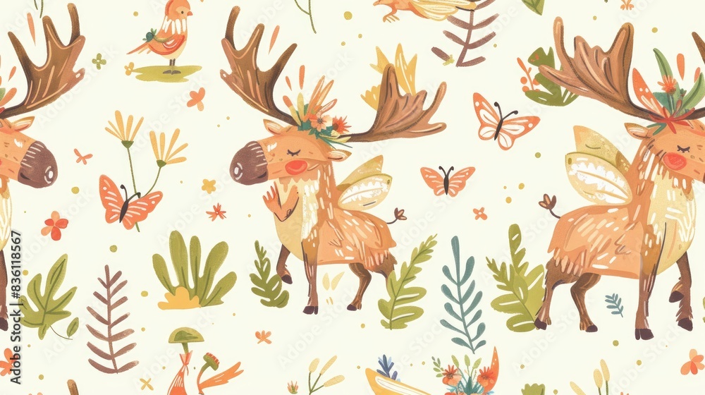 a pattern of cute cartoon moose, square-box bearing fairies, whimsical hand-drawn designs, fantasy anime drawings a pattern of cute cartoon moose, square-box bearing fairies, whimsical hand-drawn designs, fantasy anime drawings