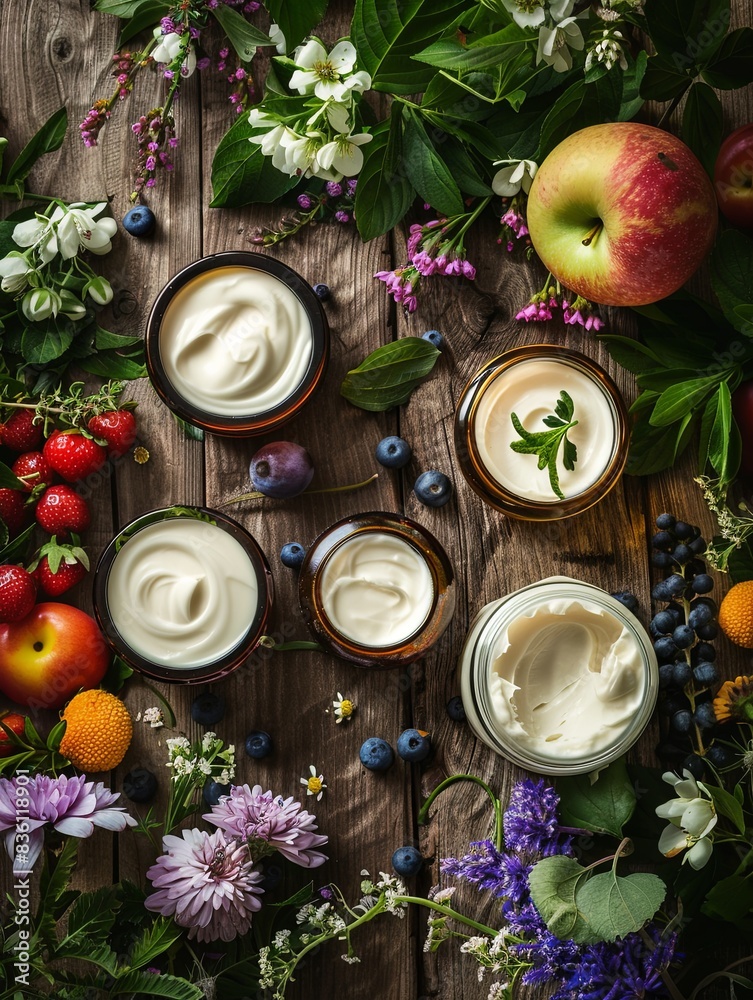 Natural beauty products displayed on a wooden surface surrounded by fresh fruit, flowers, and herbs. Generative AI Natural beauty products displayed on a wooden surface surrounded by fresh fruit, flowers, and herbs. Generative AI