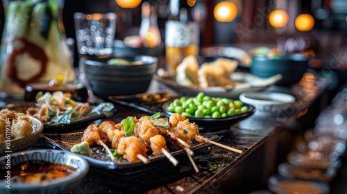 A selection of izakaya-style appetizers including edamame, karaage, and gyoza on a dimly lit bar table photo