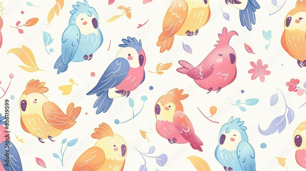 Obraz premium a pattern of cute cartoon parrots, box-carrying enchantments, hand-drawn fantasy beings, lively anime illustrations