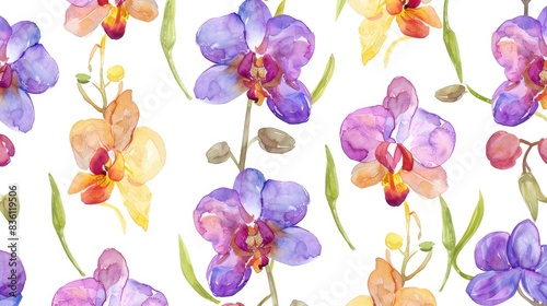 Seamless pattern featuring watercolor orchids suitable for fabric wallpaper and wrapping