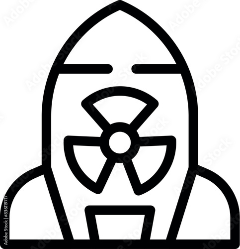 Cartoon nuclear rocket icon in black and white line drawing style. Representing the danger and innovation of radioactive energy and missile propulsion