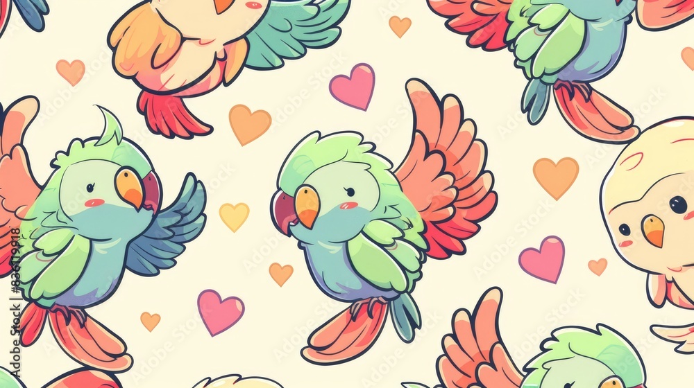 a pattern of cute cartoon parrots, box-carrying heart wings, whimsical fantasy anime, fun anime artwork a pattern of cute cartoon parrots, box-carrying heart wings, whimsical fantasy anime, fun anime artwork