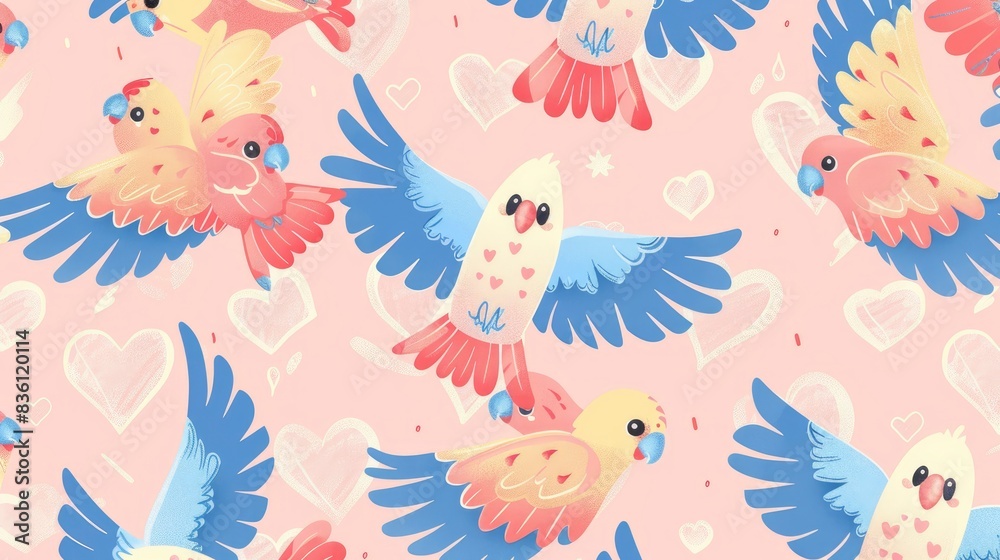 a pattern of cute cartoon parrots, box-carrying heart wings, handcrafted anime fantasy, youthful anime designs a pattern of cute cartoon parrots, box-carrying heart wings, handcrafted anime fantasy, youthful anime designs