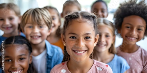 Diverse group of smiling children representing multicultural unity and inclusion. Concept Multicultural Unity, Inclusion, Children, Smiling, Diversity