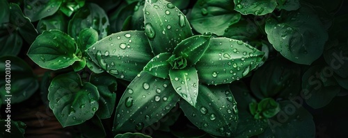 A vibrant green plant with large leaves covered in dew drops, creating a fresh and natural look perfect for botanical and nature themes. © Tin