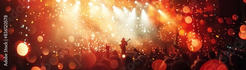 Silhouettes of people in a crowd, illuminated by warm spotlights and blurred lights. photo