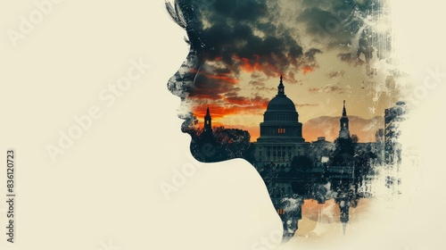 Silhouette of a woman's face with cityscape and sunset overlay.  Dreamy and abstract art. photo