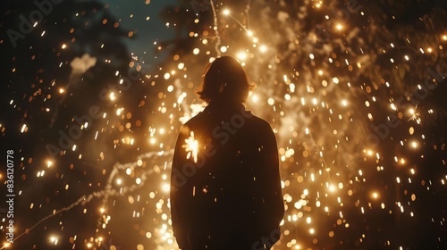 Silhouette of a hooded figure standing amidst a dazzling display of sparks and light. photo