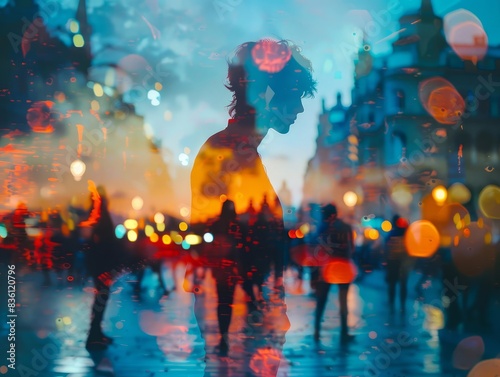 A silhouette of a person stands in the middle of a busy city street, blurred and layered with vibrant colors and lights. #836120796