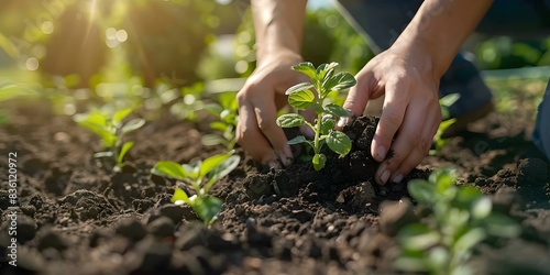 Individual planting trees or tending community garden to support local sustainability. Concept Eco-conscious Activities, Sustainable Practices, Community Gardening, Tree Planting