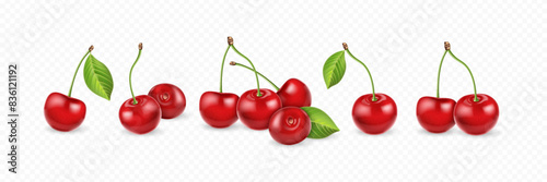 Realistic cherry set with green leaves on transparent background. Various cherry compositions for design mockup. 3D realistic vector illustration.