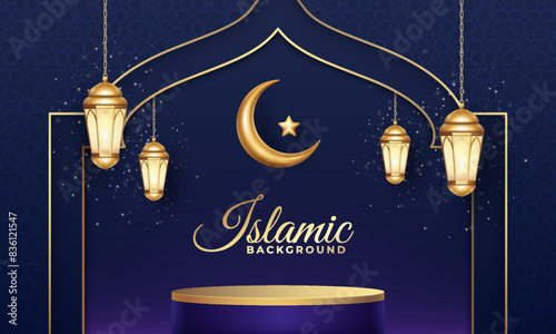 Islamic realistic holiday background with golden crescent moon, lanterns and podium. Can be used for Ramadan, Aid Adha, Eid Fitri.