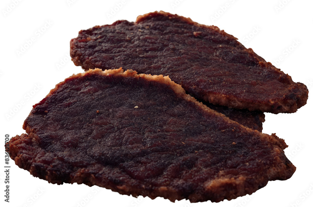 Two pieces of beef jerky on a transparent, white background, forming a png, perfect for food-related marketing Two pieces of beef jerky on a transparent, white background, forming a png, perfect for food-related marketing