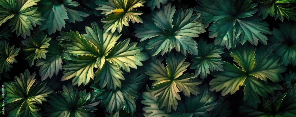 Lush green leaves with intricate patterns. Nature's foliage in high detail, showcasing the beauty and diversity of plant life from above. Lush green leaves with intricate patterns. Nature's foliage in high detail, showcasing the beauty and diversity of plant life from above.