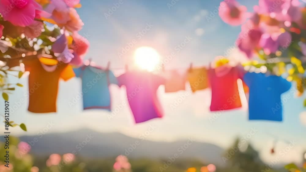 children's clothes drying on washing line against blue sky, laundry day concept