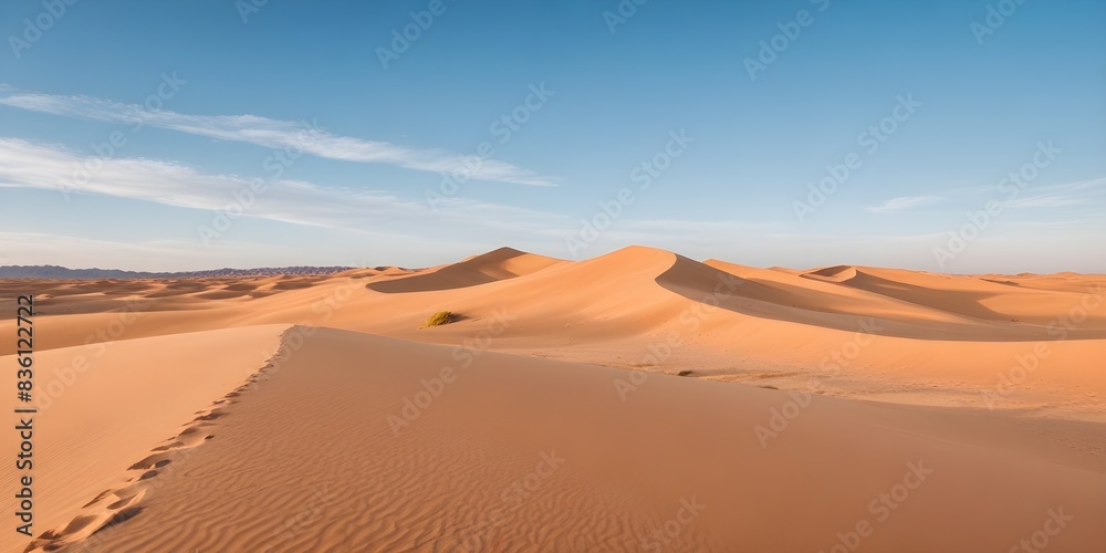 A vast desert landscape with rolling sand dunes under a clear blue sky