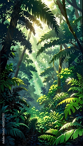 Lush green rainforest  dense jungle  trees plants sunlight Anime style illustration  flat vector art  anime background