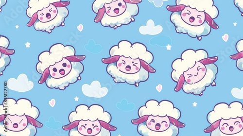  a pattern of cute cartoon sheep, square-lugging sprites, hand-drawn enchanted beings, bright and cheerful anime