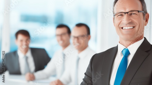 A group of business people were having a meeting in a boardroom. A smiling businessman was standing and presenting a project to the group. The shot was taken in the style of Nikon D850 with an 24mm f/