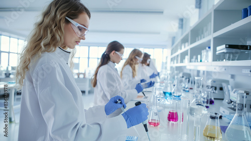 A group of young scientists work in a chemistry laboratory, blur effect in the background