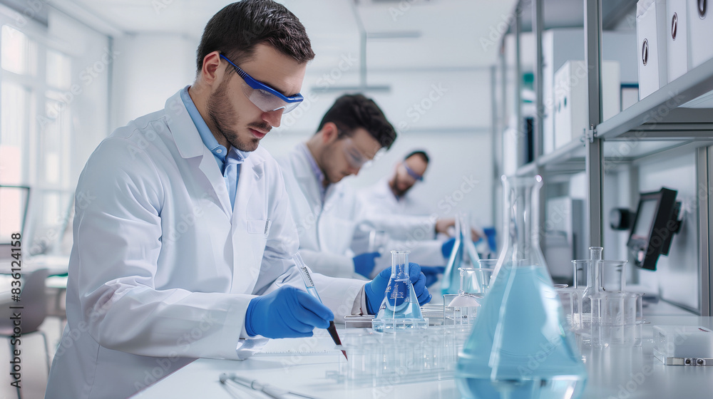 Fototapeta premium A group of young scientists work in a chemistry laboratory, blur effect in the background