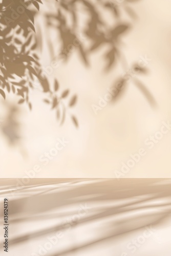 Minimalistic background with leaf shadow on beige wall for product advertising, mock up with copy space