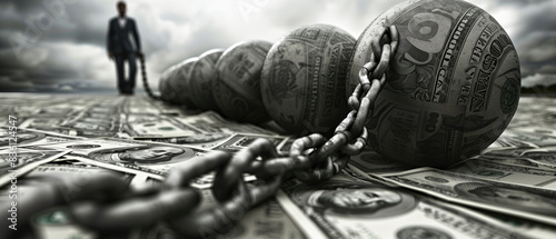 A man dragged by the weight of financial burden. A man is chained to a series of large, heavy balls, each imprinted with US dollar bills, as he walks away from a field of scattered cash