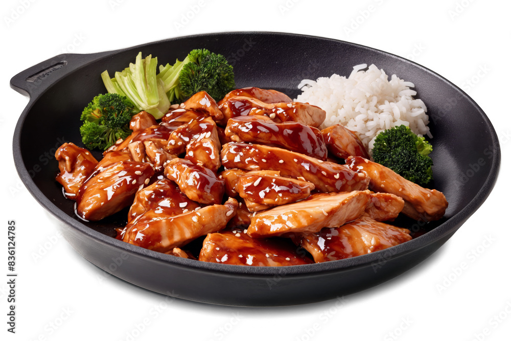 Delicious teriyaki chicken in a skillet with rice and broccoli, ready png with a white background Delicious teriyaki chicken in a skillet with rice and broccoli, ready png with a white background