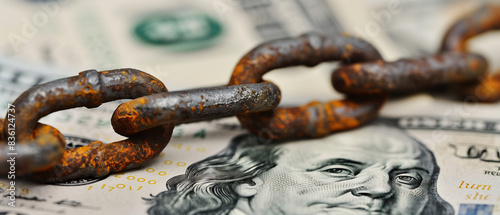 A close-up shot of a rusty chain resting on a US dollar bill, highlighting the concept of debt and financial hardship