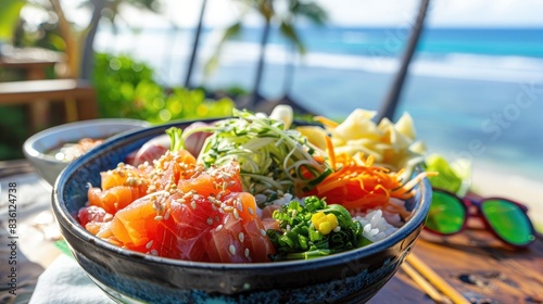 A vibrant poke bowl with fresh sashimi, vegetables, and rice on a tropical beachside table