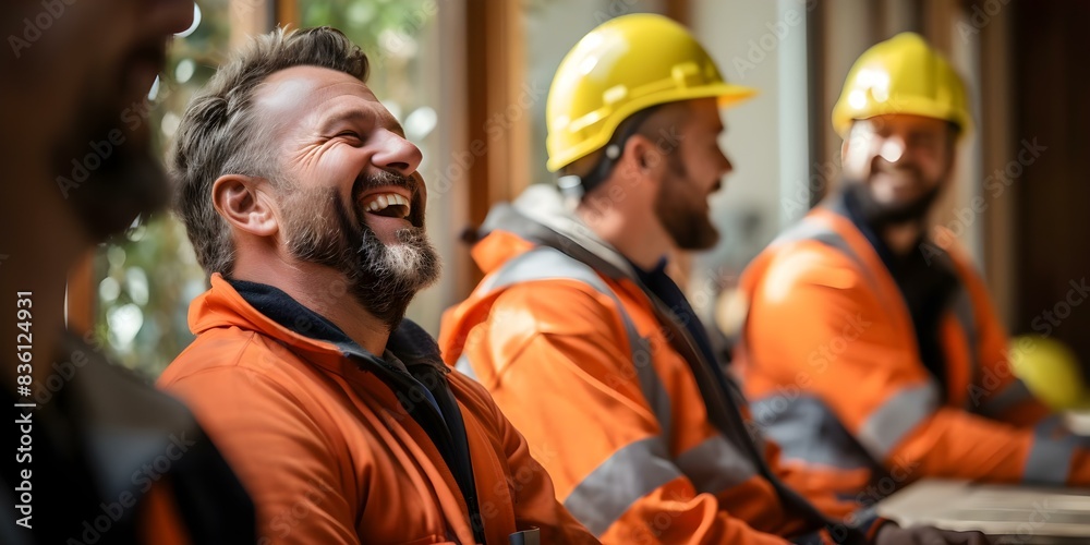 Happy construction team on break dedicated and hardworking. Concept Construction Team, Break Time, Hardworking, Dedicated, Happy