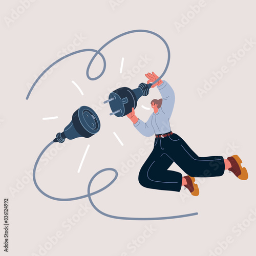 Cartoon vector illustration of Disconnected business, broken communication, disconnect from social media distraction or monitor screen. Business woman put electric socket plug to disconnect from inter