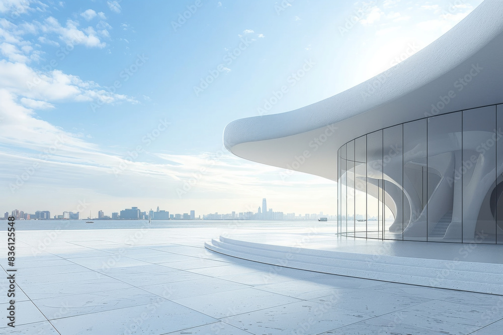 Concrete outdoor square building, The modern urban skyline is in the background. Concrete outdoor square building, The modern urban skyline is in the background.